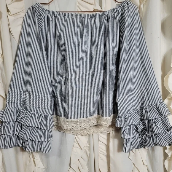 Tiered Ruffle Sleeve Top Shirt Small Cotton Lace Embroidery Striped Evelyn Boho - Picture 9 of 9